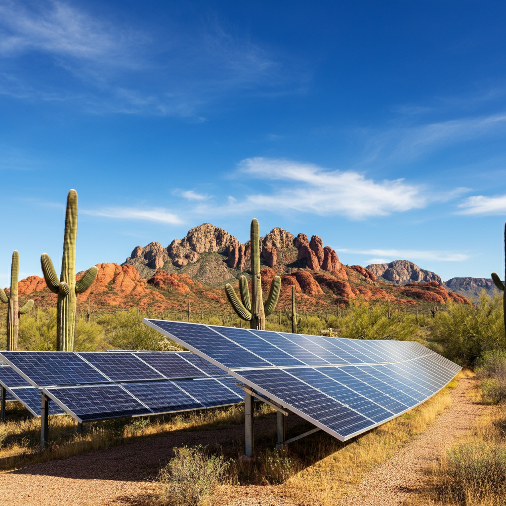 solar panels with the backdrop of cactus and moutains